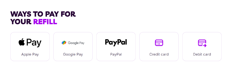 Payment methods accepted for online prepaid phone refills